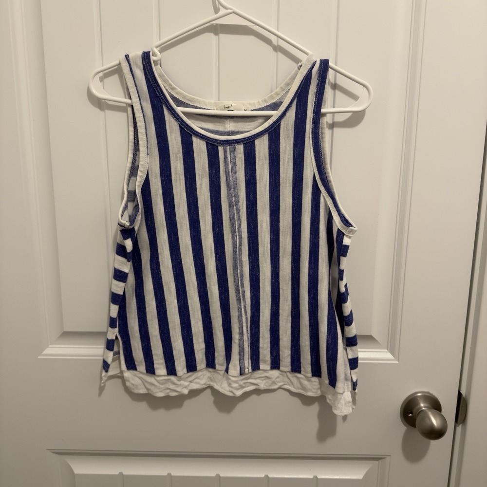 Hazel Blue White Striped Sleeveless Knit Tank Top Layered Hem H15971 Medium